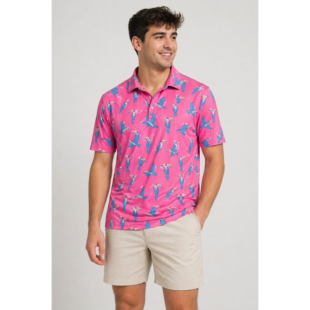 Chubbies Pink Toucan Polo Shirt L Tropical Novelty Golf Beach Stretch